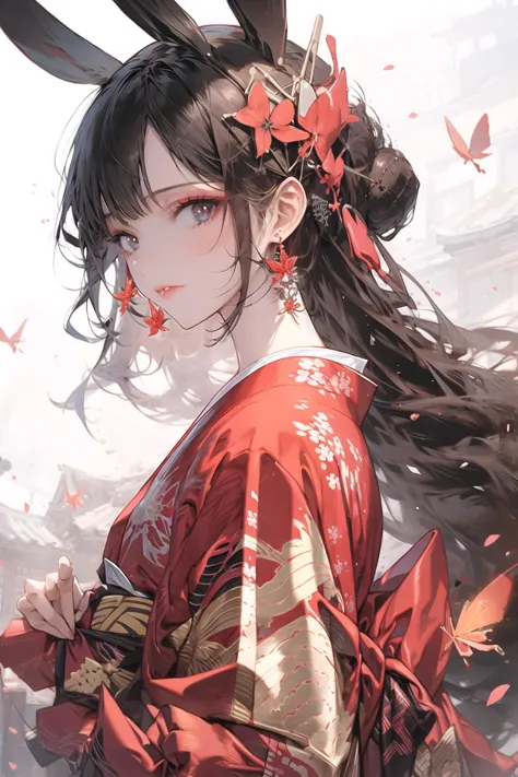 anime girl with long hair and red kimono holding a knife