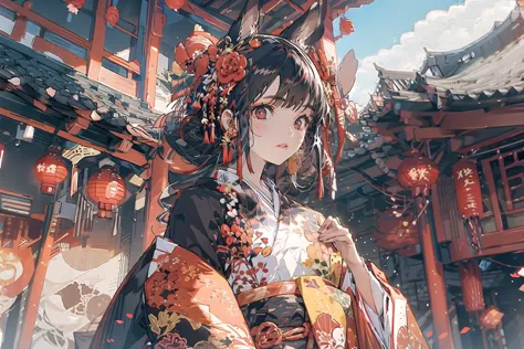 sinsya, japanese clothes, hair ornament, kimono, red eyes, hair flower, lantern, black hair, paper lantern, looking at viewer, bangs, floral print, red flower, red kimono, 1girl, wide sleeves, architecture, east asian architecture, long sleeves, upper body, outdoors, tassel  <lora:sinsya-pynoiseloha-000010:1>