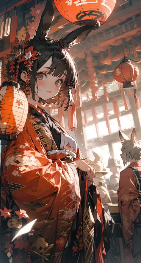 anime girl in kimono outfit holding a lantern in a room