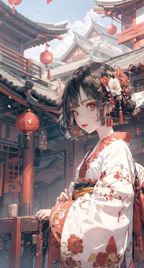 anime girl in kimono outfit standing in front of a building