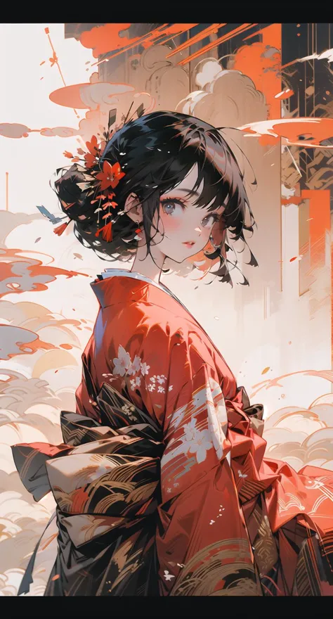 anime girl in kimono outfit with red flower in hair