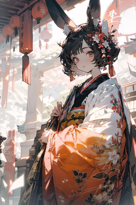 anime girl in kimono outfit with horns and a flower in her hair