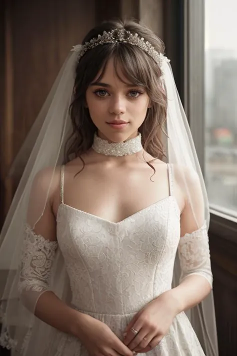 a woman in a wedding dress standing by a window