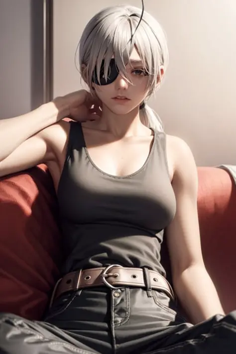 masterpiece, best quality,indoors,sitting,cross-legged,quanxi (chainsaw man),1girl, solo, black tank top, eyepatch, belt, tank top,breasts, pants, white hair, black pants, long hair, ponytail