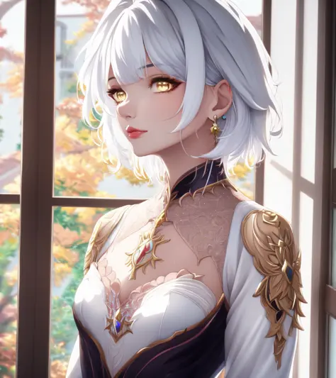 ((anime:1.2), exceptional, best aesthetic, new, newest, best quality, masterpiece, detailed:1.2),
highres, anime, best quality, 1girl, jewelry, solo, earrings, window, indoors, dress, bangs, blurry, lips, white hair, short hair, looking at viewer, long sleeves, upper body, yellow eyes, lovely, gorgeous