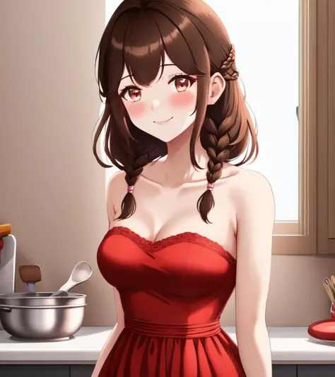 ((anime:1.2), exceptional, best aesthetic, new, newest, best quality, masterpiece, detailed:1.2),
1girl, brown hair, smile, solo, braid, twin braids, dress, blush, looking at viewer, red dress, bare shoulders, kitchen, long hair, collarbone, strapless, indoors, brown eyes, breasts, upper body, bangs, red eyes, strapless dress