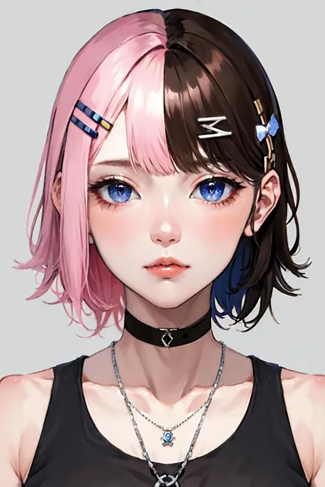 anime girl with pink hair and blue eyes wearing a black top