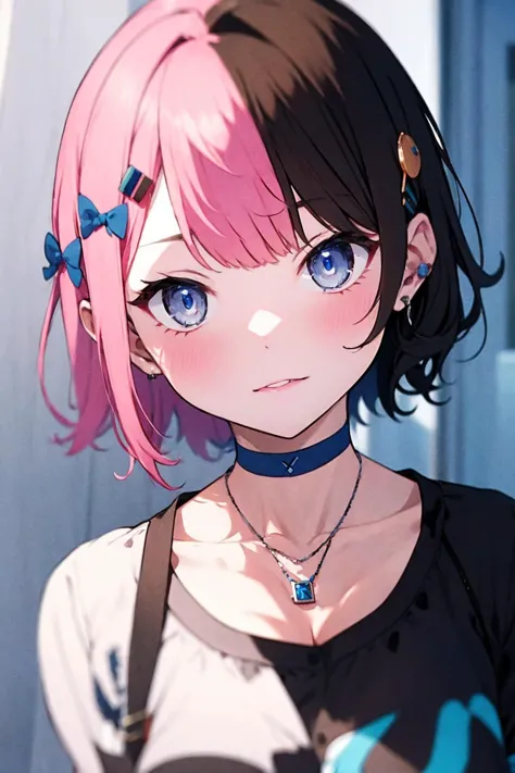 anime girl with pink hair and blue eyes standing in front of a wall