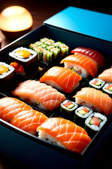 a close up of a box of sushi with different types of sushi