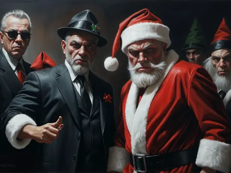 Mobster Santa Claus and his thug elves, Mafia, gangster
, a painting by Nathlie Provosty