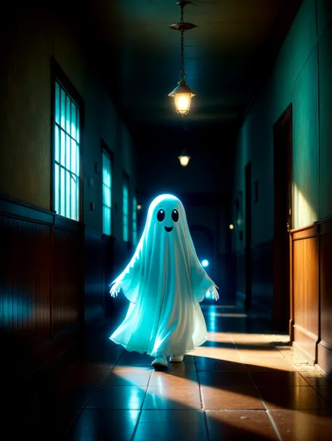 cute glowing sheet ghost walking in a hallway in the style of pixar animation, 35mm film shot, anamorphic lens, lens flare,