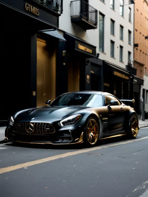 Mercedes AMG-GTR with matte black finish and gold rims on a street, 35mm film shot, anamorphic lens, lens flare,