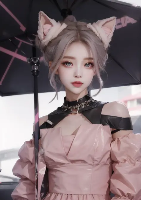 wuxian-xsg,1girl,solo,umbrella,blue eyes,looking at viewer,grey hair,hair bun,holding umbrella,holding,animal ears,pink dress,<l...