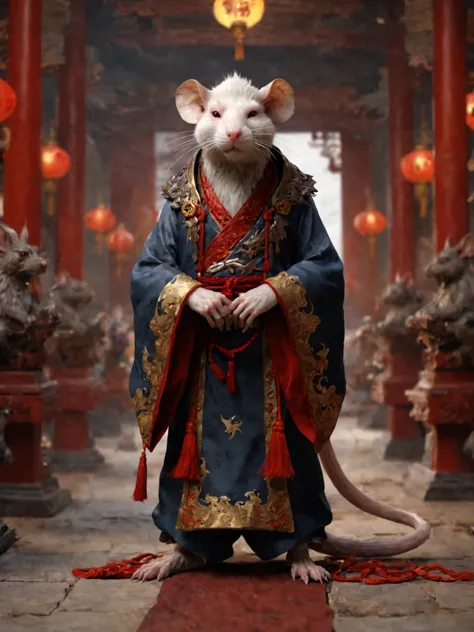 a close up of a mouse in a chinese costume standing on a red carpet