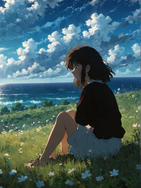 Schwarz. Ultra-High-Definition,Ästhetischer Anime der 80er ,(chromatische Aberration)(verblasste Farben)Umrisse,studio ghibli,mädchen das auf einer graswiese sitzt,zurück zum Betrachter,Blick auf den Ozean,weiße Wolken,Tiefblauer Ozean,Anime-Bloom-Effekt,sanfte Beleuchtung,CG-Partikeleffekt 4K-Auflösung