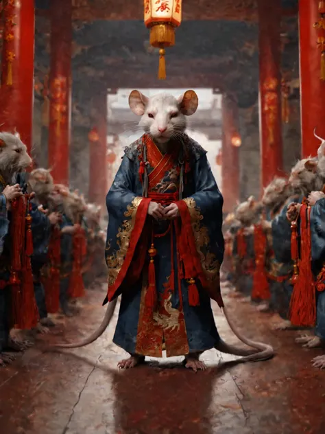 a close up of a rat in a chinese costume standing in a room