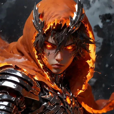 a close up of a person in a hoodedie with fire on their face