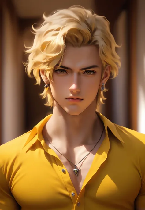 a close up of a person with blonde hair and a yellow shirt