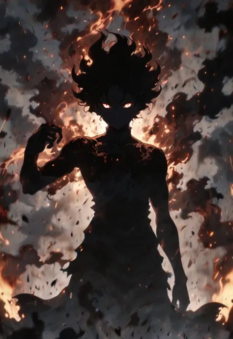 Black. Ultra High Definition. J horror anime style. A anime demon standing in the air, featuring black smoke, navy and light bla...