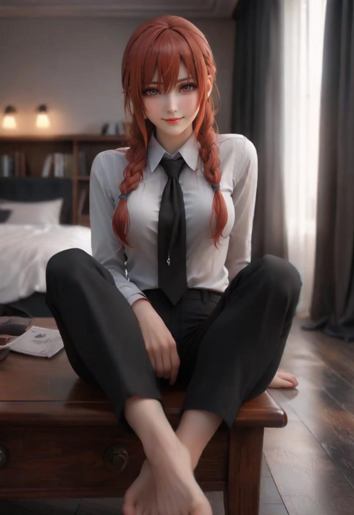 i want the whole image to be created in 3D anime style, 1girl, long hair, breasts, looking at viewer, smile, bangs, shirt, sitting, braid, red hair, necktie, barefoot, pants, feet, grey eyes, toes, soles, black pants, formal, crossed legs, suit, black necktie, braided ponytail, foot focus, ringed eyes, makima (chainsaw man)