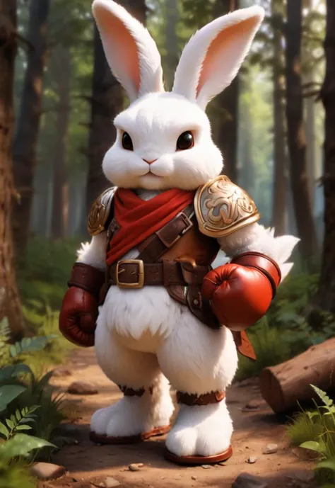 little white rabbit adventurer with boxing gloves, furry, rabbit explore forests, fantasy rpg concept art, walking in woods, big...