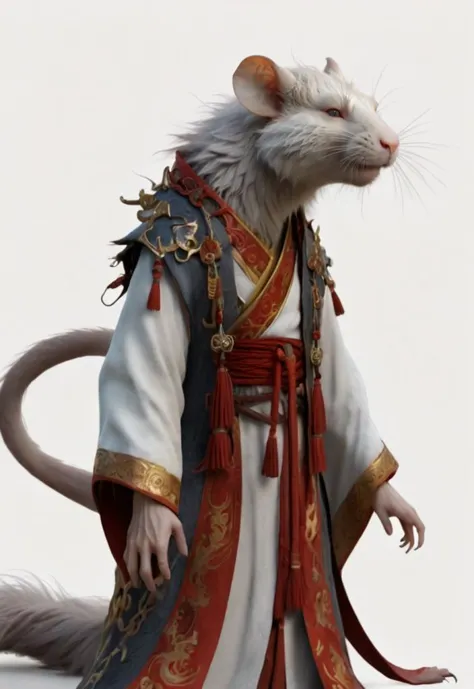 Chinese style cultivating immortals, 4K CG realistic style, a Chinese monster humanoid Rat, thin and cunning, full body, white b...