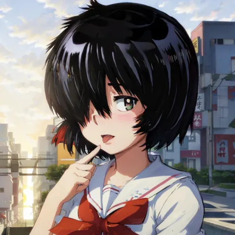 Urabe, serafuku, (hair over eyes:1.3), anime, masterpiece, best quality, tongue out, wind, sunset