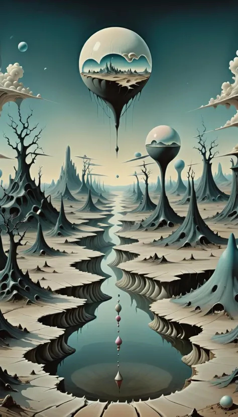 a painting of a surreal landscape with a river and a floating balloon