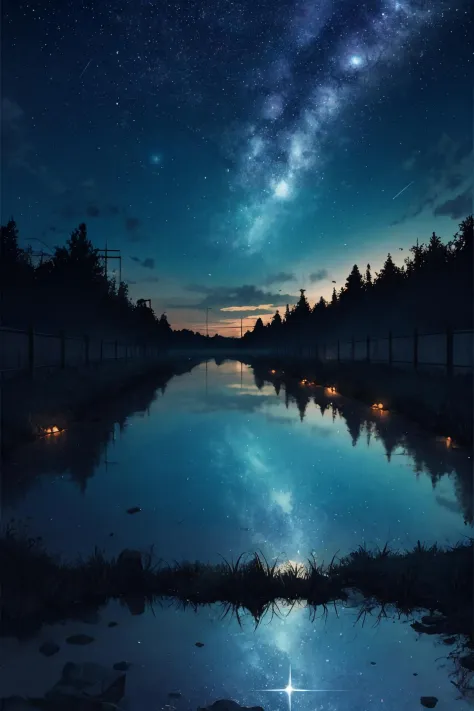 solo, no humans, glowing ,sky, scenery, star (sky), cloud, outdoors, tree, reflection, starry sky, overgrown, ruins, day, water,...