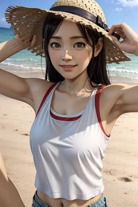 1girl, sawamura haruka (young), ryu ga gotoku, yakuza, solo, long hair, loose hair, red shirt, shorts, straw hat, on beach in Ok...