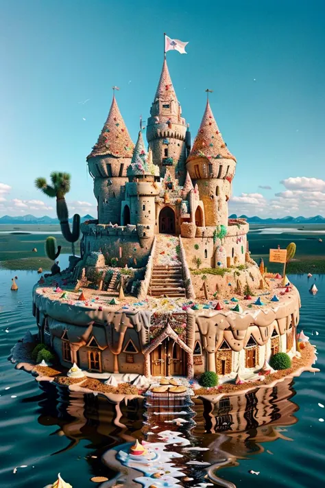 ais-ckemss floating desert island with a whimsical castle. <lora:ais-ckemss:1>