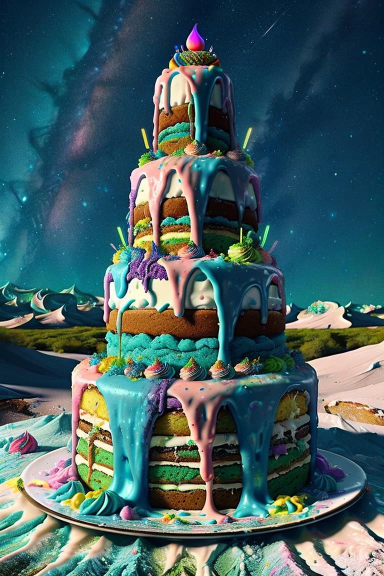 ais-ckemss alien landscape with rolling hills of colorful cake batter, rivers of frosting, and strange, bioluminescent flora. 
