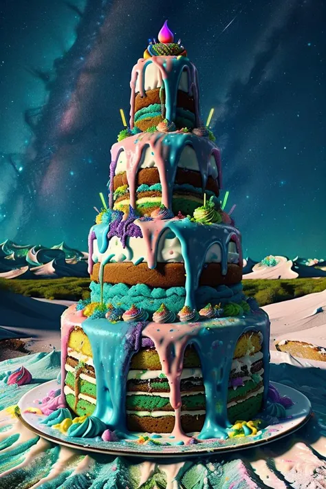 ais-ckemss alien landscape with rolling hills of colorful cake batter, rivers of frosting, and strange, bioluminescent flora. <l...