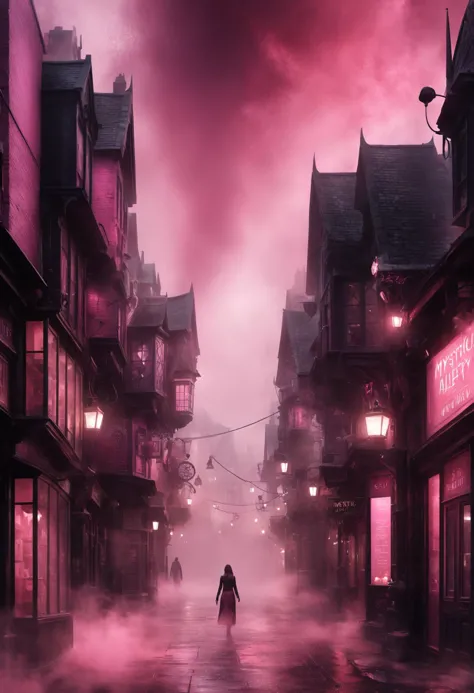 a woman walking down a street in a foggy city