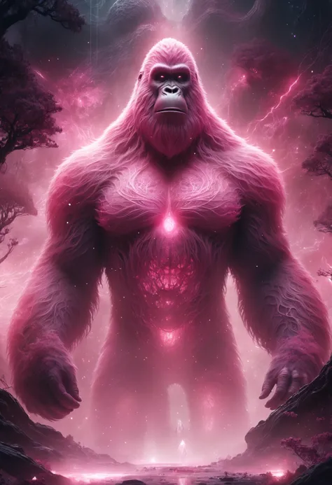 a gorilla standing in the middle of a forest with a pink light