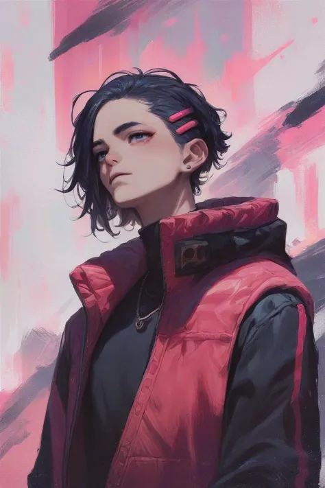 a painting of a man with a red jacket and black hair