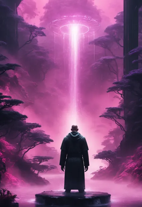 a man standing in front of a purple light surrounded by trees