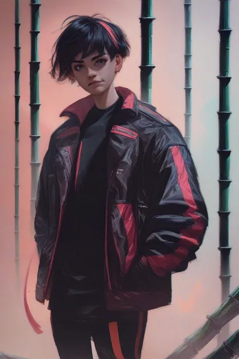 a painting of a man in a black jacket and red jacket