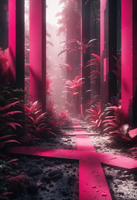 a close up of a pathway in a forest with pink lights