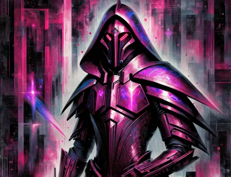 a close up of a person in a purple outfit with a sword