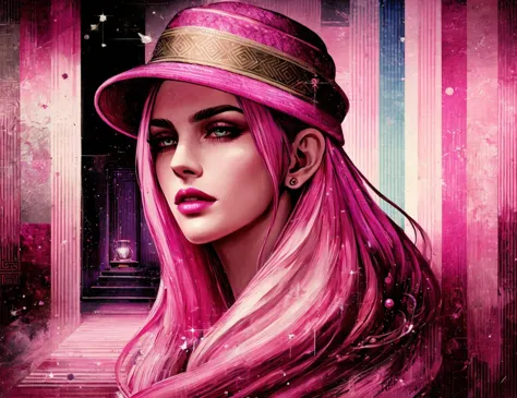 a close up of a woman with pink hair wearing a hat