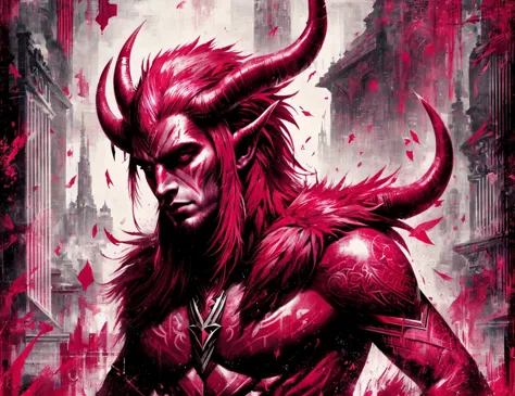 a red demon with horns and a red face stands in front of a city