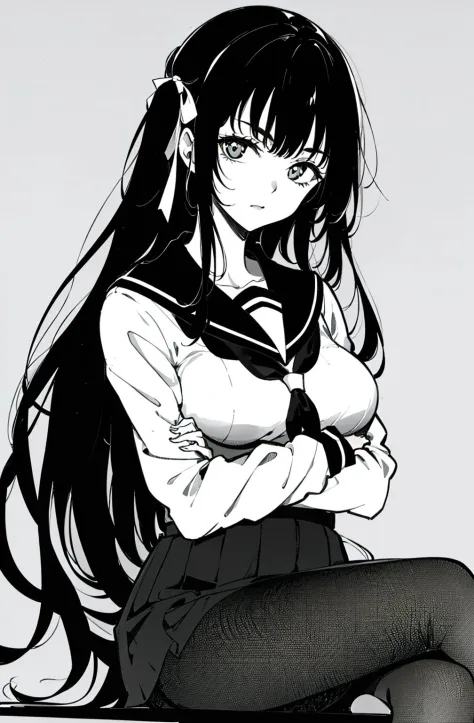 1girl, long_hair, monochrome, crossed_arms, solo, breasts, school_uniform, hair_ribbon, sitting, crossed_legs, greyscale, pantyh...