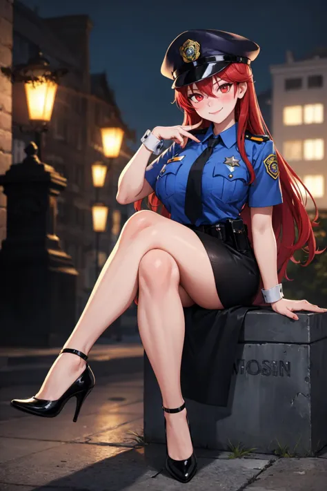 masterpiece, best quality, 1girl, cuffs, necktie, handcuffs, solo, long hair, police uniform, hat, sitting, police, bat \(animal...