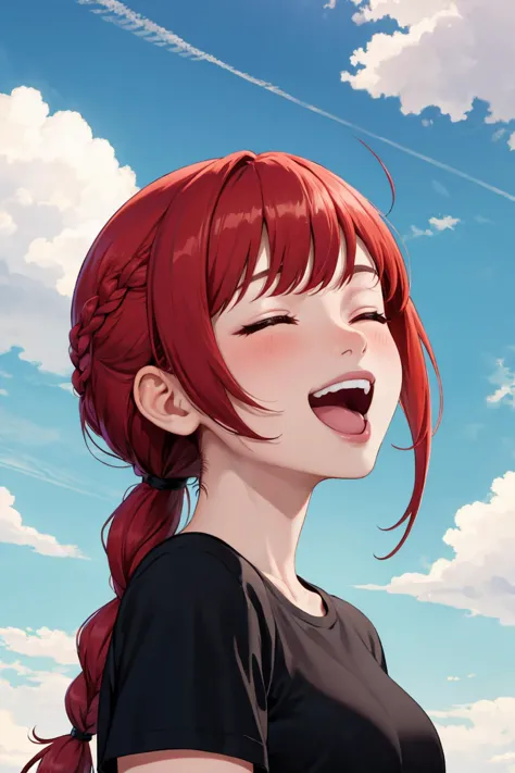 masterpiece, best quality, 1girl, solo, braid, sky, red hair, open mouth, closed eyes, cloud, braided ponytail, blue sky, bangs,...