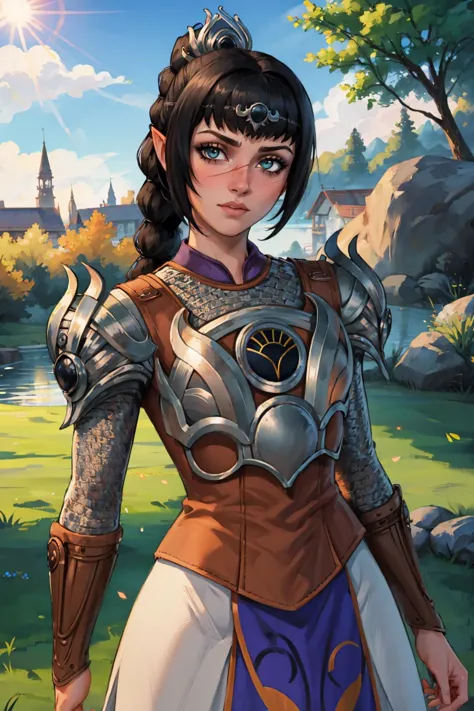 masterpiece, best quality, 1girl, solo, looking at viewer, breasts, outdoors, lens flare, depth of field, light particles,  shadowheart, pointy ears, braid, ponytail, hair ornament, scar, bangs, armor, shoulder armor, breastplate, pauldrons