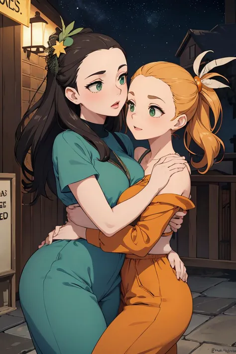 a couple of anime girls hugging each other in front of a building