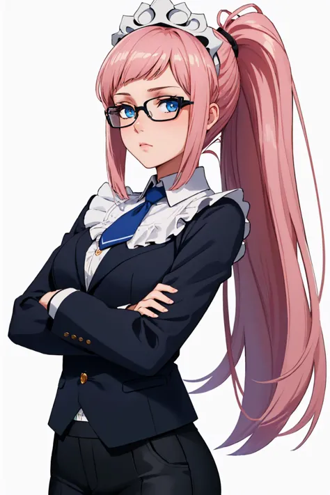 anime girl with pink hair and glasses posing for a picture