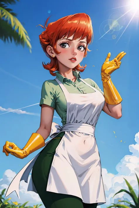 a woman in an apron and gloves holding a yellow glove