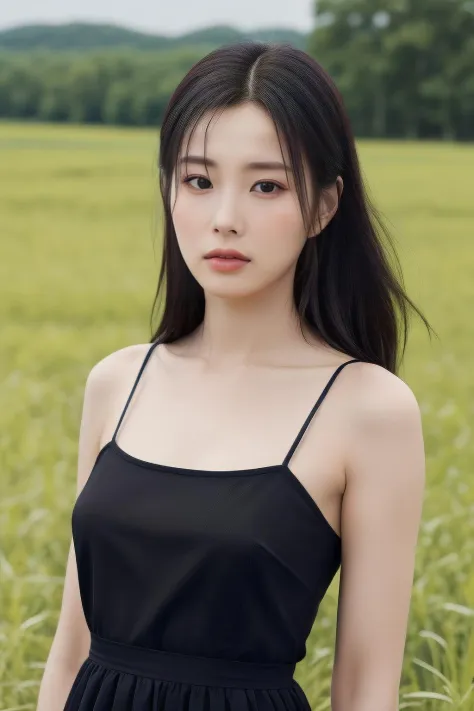 khw1, a woman, (realistic), (hyperrealism), (photorealistic), depth of field, eye makeup:0.8, (upper body:1.2), (narrow waist), looking at the viewer, black dress, at the field,  <lora:httphyewon:0.45>